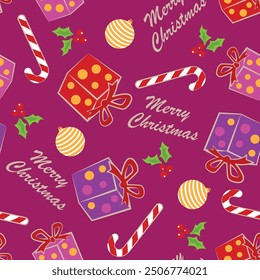 Patrón inconsútil de los regalos de la Navidad con el fondo rojo granate del color