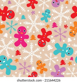 Seamless christmas ginger bread snow flakes and christmas trees illustration background pattern in vector