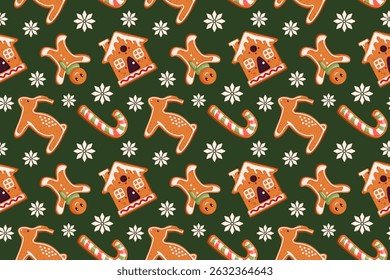 Seamless Christmas gingerbread cookie pattern with man, candy cane, reindeer, house and snowflake on green background. Cartoon style illustration for holiday packaging, winter decor and festive