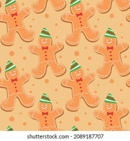 Seamless Christmas gingerbread gingerbread man background in a funny cap