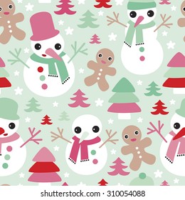 Seamless christmas gingerbread man and snowman christmas tree illustration holiday background pattern in vector