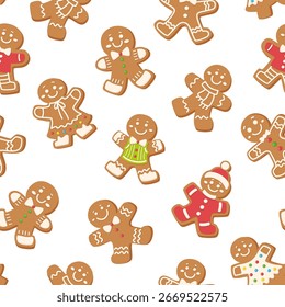 Seamless Christmas gingerbread pattern. Cartoon holiday background with gingerbread men. Vector print for holiday decor, wrapping paper and textile. White background.