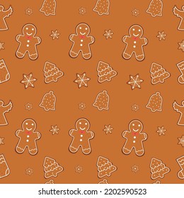 Seamless Christmas gingerbread pattern on brown background. Vector illustration