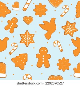 Seamless Christmas gingerbread pattern on light background. Vector illustration