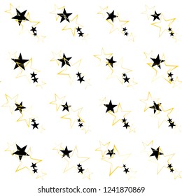 Seamless Christmas gold and black stars confetti falling, isolated on white. Magic shining flying stars and glitter dots sparkle cosmic backdrop