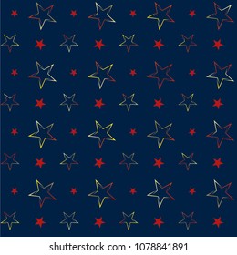 Seamless Christmas gold and red stars confetti falling, on a deep blue background. Magic shining flying stars and glitter dots sparkle cosmic backdrop