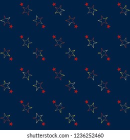 Seamless Christmas gold and red stars confetti falling, on a deep blue background. Magic shining flying stars and glitter dots sparkle cosmic backdrop