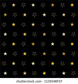 Seamless Christmas gold and silver stars confetti falling, isolated on black. Magic shining flying stars and glitter dots sparkle cosmic backdrop