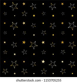 Seamless Christmas gold and silver stars confetti falling, isolated on black. Magic shining flying stars and glitter dots sparkle cosmic backdrop