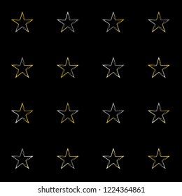 Seamless Christmas gold and silver stars confetti falling, isolated on black. Magic shining flying stars and glitter dots sparkle cosmic backdrop