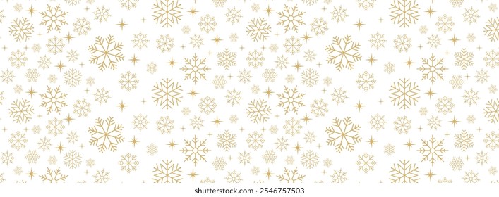 Seamless Christmas gold snowflakes and stars pattern isolated on transparent background. Vector snow New year pattern. 