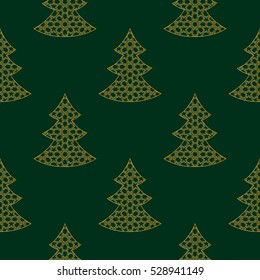 Seamless Christmas Gold Tree isolated on Green Background. Vector Illustration
