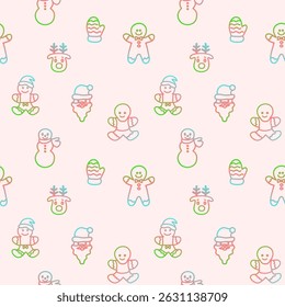 Seamless christmas gradient gingerbread man and snowman christmas ornate illustration holiday background pattern in vector on pink background