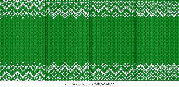 Seamless Christmas Green knit prints. Sweater winter textures. Knitted borders pattern. Fair isle traditional backgrounds. Holiday ornaments. Festive crochet. Wool pullover frame. Vector illustration