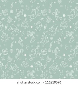 Seamless Christmas hand drawn pattern with fir tree, stocking, candy cane, Santa Claus, deer and snowflakes