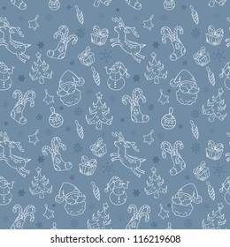 Seamless Christmas hand drawn pattern with fir tree, stocking, candy cane, Santa Claus, deer and snowflakes