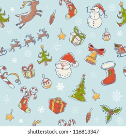 Seamless Christmas hand drawn pattern with fir tree, stocking, candy cane, Santa Clause, deer and snowflakes