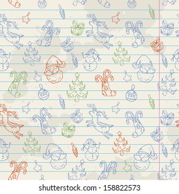 Seamless Christmas hand drawn pattern with fir tree, stocking, candy cane, Santa Clause, deer and snowflakes