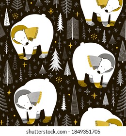 Seamless Christmas hand drawn pattern with polar bears.Vector texture