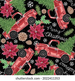 Seamless Christmas hand drawn pattern with red truck and pine trees on black chalkboard background. Winter print with vintage car, yule flowers and holiday snowy tree. 