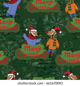 Seamless Christmas hand drawn pattern with two happy friendly deer characters