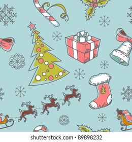 Seamless Christmas hand drawn pattern with sketch fir tree, doodle stocking, candy cane, bell, Santa Clause with deer and snowflakes