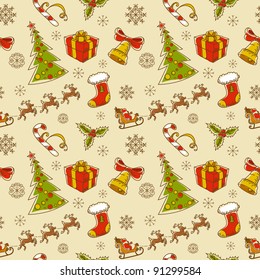 Seamless Christmas hand drawn pattern with sketch fir tree, doodle stocking, candy cane, bell, Santa Clause with deer and snowflakes