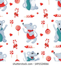Seamless Christmas Happy New Year pattern with holiday attributes. Rats or mouses with gifts, candy and other elements. The symbol of the new year in the Chinese calendar 2020