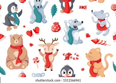 Seamless Christmas Happy New Year pattern background with different animals and holiday attributes. Winter Vector flat cartoon design on white background