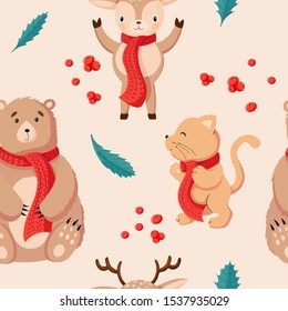 Seamless Christmas Happy New Year pattern background with different animals and holiday attributes. Winter Vector flat cartoon design