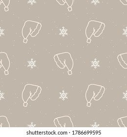 Seamless christmas hat and snowflake holiday background. Simple snow monochrome festive pattern texture. Scandi christmas motif background. Stylish modern seasonal gift wrapping paper.