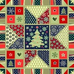 Seamless Christmas Holiday Background. Decorative Patchwork Pattern For Greeting Card, Fabric, Wallpaper, Digital Paper, Fills, Etc.