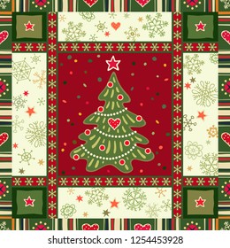 Seamless Christmas holiday background. Christmas tree, snowflakes, stars. Vector decorative patchwork pattern.