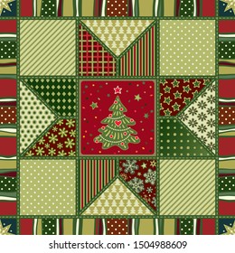 Seamless Christmas Holiday Background. Christmas Tree. Decorative patchwork pattern for greeting card, fabric, wallpaper, digital paper, fills, etc.