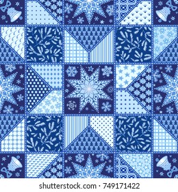Seamless Christmas holiday background. Vector decorative stitched patchwork pattern.