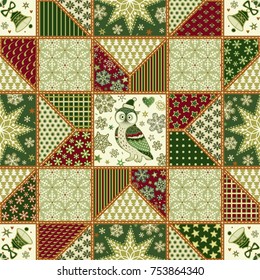 Seamless Christmas holiday background. Vector decorative patchwork pattern.