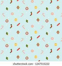 Seamless christmas holiday pattern with balls, socks and other decorations.