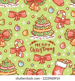 Seamless Christmas holiday pattern with lettering congratulation and and New Year decorations. Cute hand drawn art illustration in cartoon style for background texture, tile, wallpaper