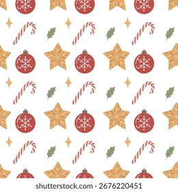 Nahtloses Weihnachtsfeiertagsmuster mit Ornamenten, Sternen und Bonbons