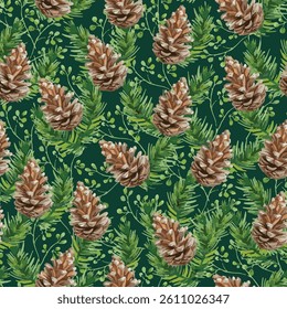 Seamless Christmas holiday pattern with pine cones, pine branches, and small green leaves on a dark green background, watercolor style.