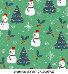 Nahtloses Weihnachts-Vektor-Muster mit Weihnachtsbaum, Schneeflocken, Schneemann. Saisondesign