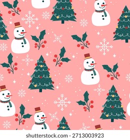 Patrón de Vector de Festiva de Navidades sin costuras con árbol de Navidad, copos de nieve, muñeco de nieve. Diseño estacional