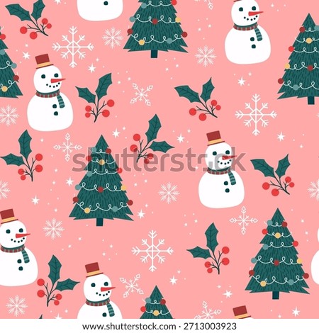 Seamless Christmas Holiday Vector Pattern with Christmas Tree, Snowflakes, Snowman. Seasonal design