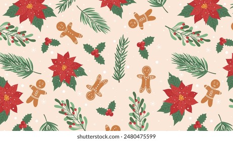 Seamless Christmas horizontal background with tree branches, gingerbread man. Vector for printing, packaging, wrapping paper