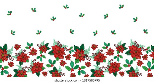 Seamless Christmas Horizontal Border Pattern With Red Poinsettia, Holly, Mistletoe And Berries On White Background Design