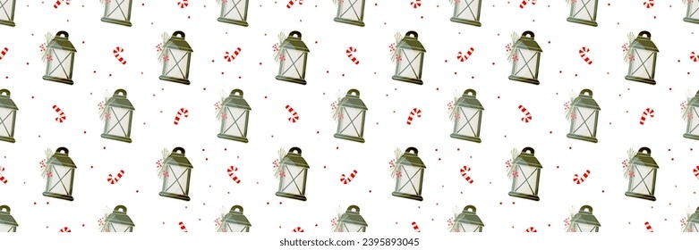 Seamless Christmas horizontal pattern. Lamps, red berries and fir branch. Clipart. Isolated elements of New Year's decor. Vector illustration.