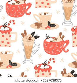 Seamless Christmas Hot Beverage Pattern with Coffee, Latte, Hot Chocolate, Cinnamon, Anise, and Gingerbread