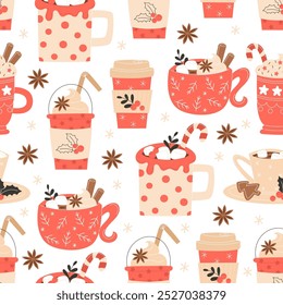 Seamless Christmas Hot Beverage Pattern with Coffee, Latte, Hot Chocolate, Anise, and Gingerbread