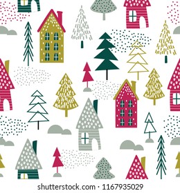 Seamless Christmas house and Christmas tree design vector illustration