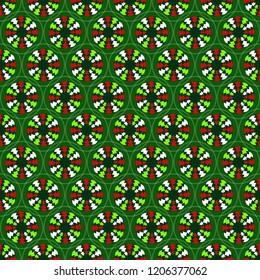 Seamless Christmas illustration background. Circular patterns with Christmas trees